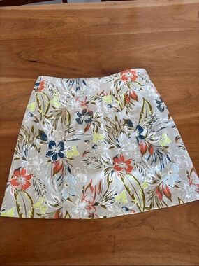 Royal Robbins Floral A-Line Skirt in Beige with Coral, Navy, Lime Accents